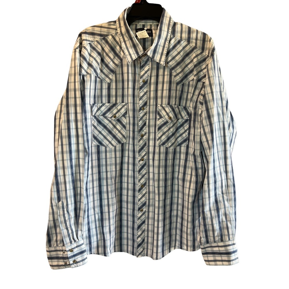 Wrangler Mens Western Shirt Blue Plaid Long Sleeve‎ Button Up Cowboy Size XL